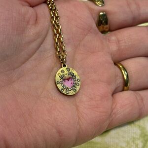 Stainless Steel Heart Pendant Necklace with Pink Enamel and Clear Crystals